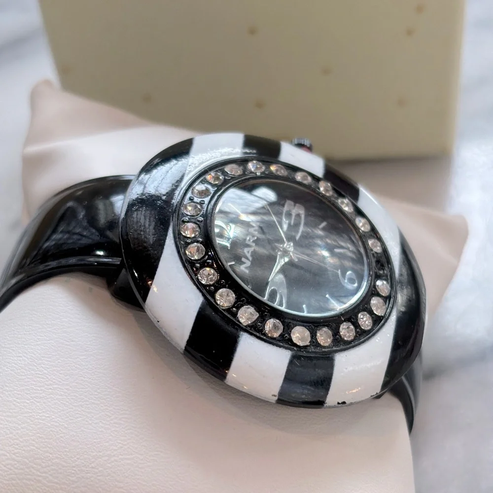 Narmi Cuff Bracelet‎ Black and White Striped Watch with Crystal Accents